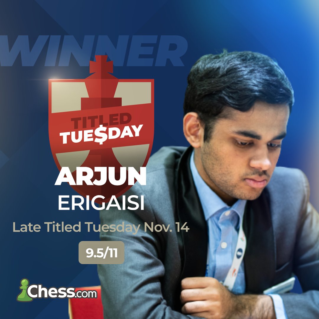 🏆 Congratulations to @ArjunErigaisi on winning the late #TitledTuesday with 9.5/11 and slightly better tiebreaks than Amin Tabatabaei! 🎉