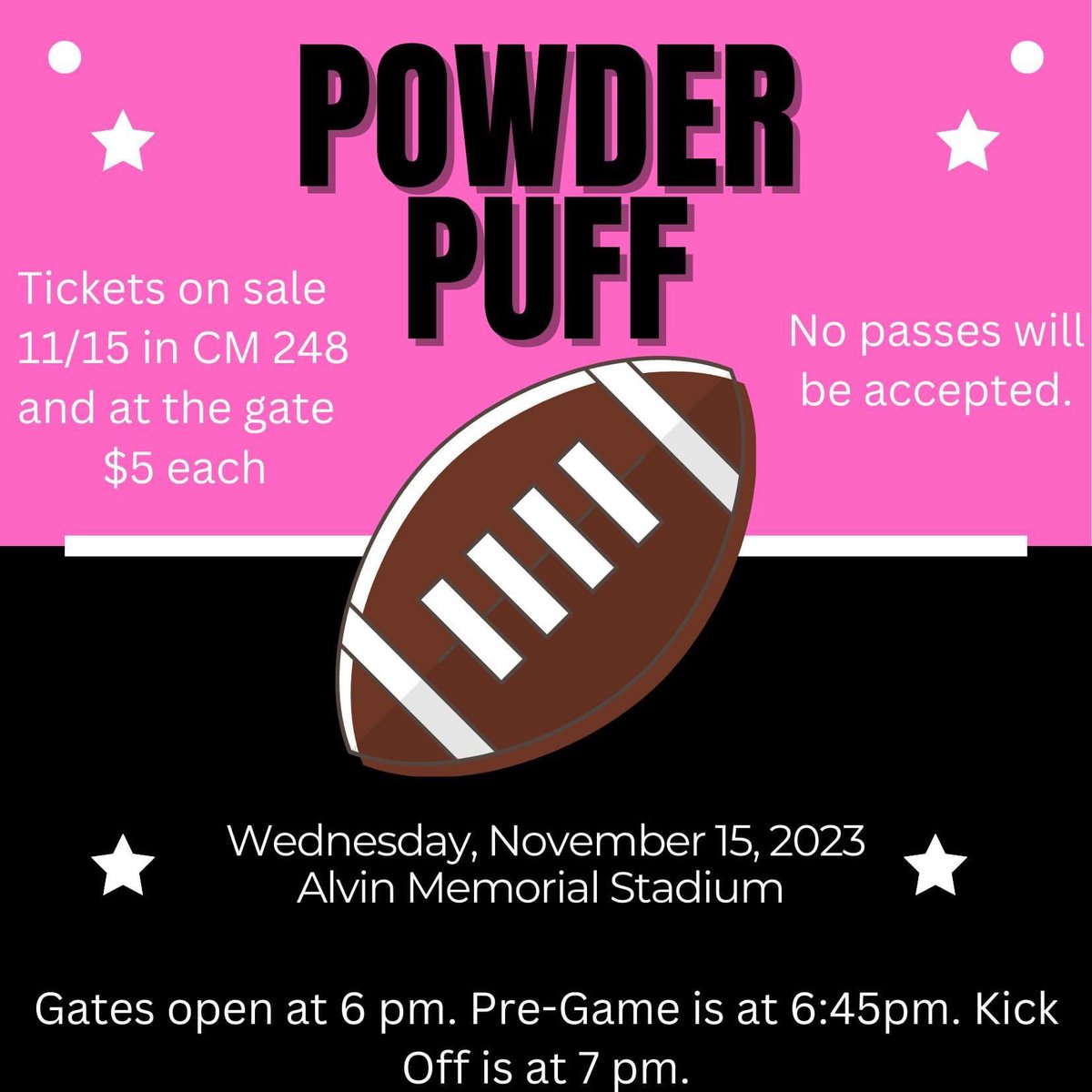 AHS Seniors (@alvinhs_seniors) on Twitter photo Join us for the 64th Annual Junior/Senior Powder Puff Game tomorrow. Gates open at 6 pm. Pregame is at 6:45 and kick off is at 7 pm. Tickets are $5 and can be purchased at the gate. <a href="/AlvinHSJackets/">Alvin High School (Official)</a> <a href="/AlvinAthletics/">ALVIN YELLOWJACKET ATHLETICS</a>
The Alvin ISD Clear Bag Policy will be in effect at the game. Join us for the 64th Annual Junior/Senior Powder Puff Game tomorrow. Gates open at 6 pm. Pregame is at 6:45 and kick off is at 7 pm. Tickets are $5 and can be purchased at the gate. <a href="/AlvinHSJackets/">Alvin High School (Official)</a> <a href="/AlvinAthletics/">ALVIN YELLOWJACKET ATHLETICS</a>
The Alvin ISD Clear Bag Policy will be in effect at the game.