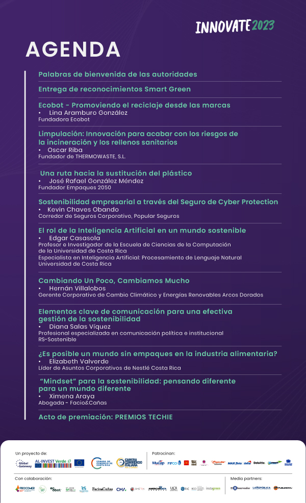 Compartimos la agenda del Congreso #Innovate2023, le invitamos a tomar nota de la variedad de temas en innovación y sostenibilidad que preparamos para usted.
