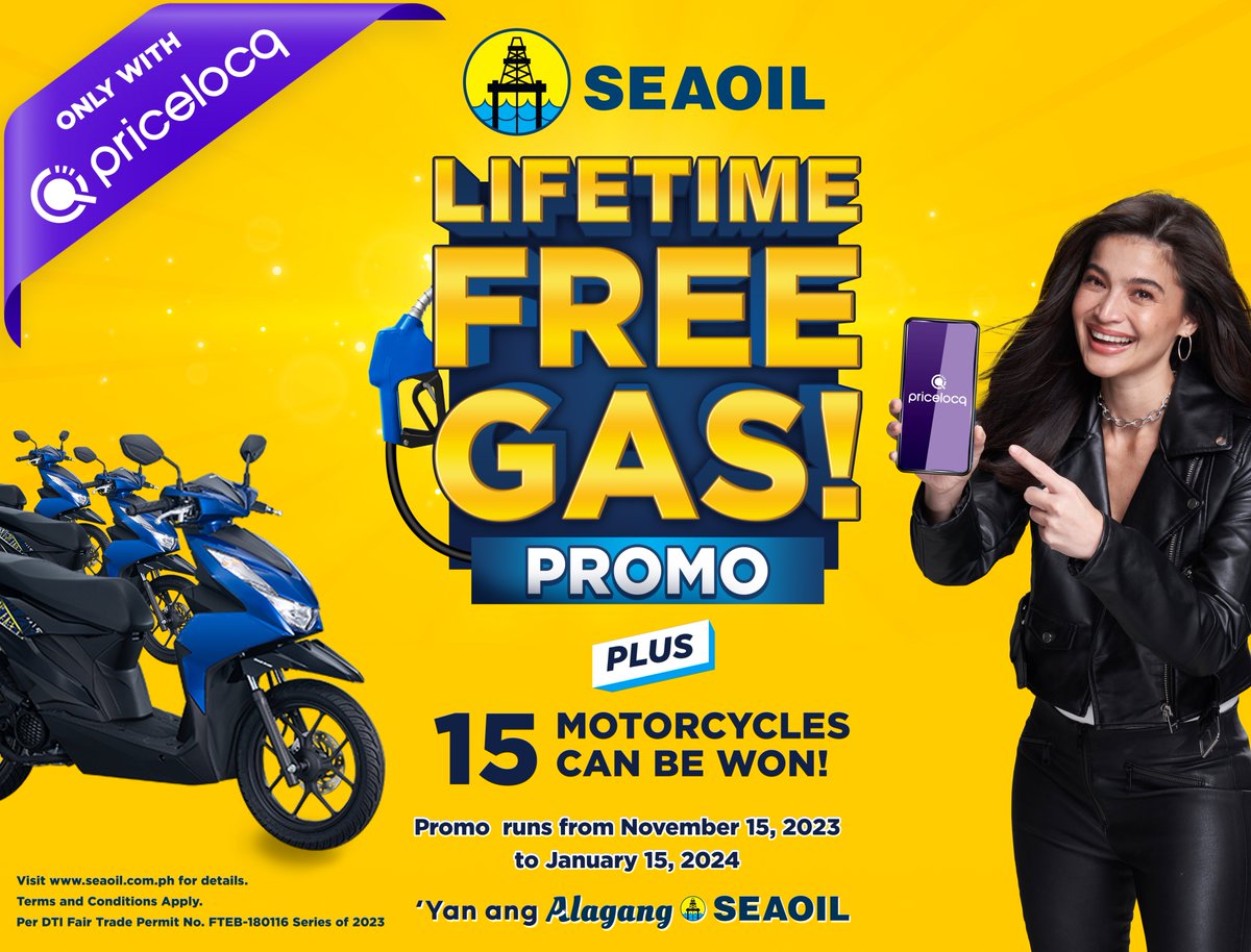 seaoilph's tweet photo. #SEAOIL's #LifetimeFreeGasPromo is back!
CLICK https://t.co/DBayvjsQXr for the Terms and Conditions and the complete list of participating stations.
‘Yan ang #AlagangSEAOIL!
Per DTI Fair Trade Permit No. FTEB-180116 Series of 2023
#LifetimeFreeGas7
#LFG7 https://t.co/B1VcfJphmC