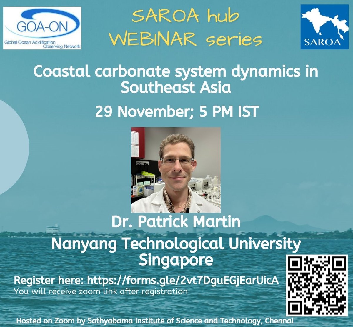 Register here: forms.gle/2vt7DguEGjEarU… to listen Dr. Patrick Martin on Coastal Carbonate system in Southeast Asia 
@SAROA_Hub @goa_on @BhadPunyasloke @Anweghosh @Prakash_caridea #NTU #Oceanacidification #Climatechange #Webinar  #Carbonatechemistry #MarineEcology