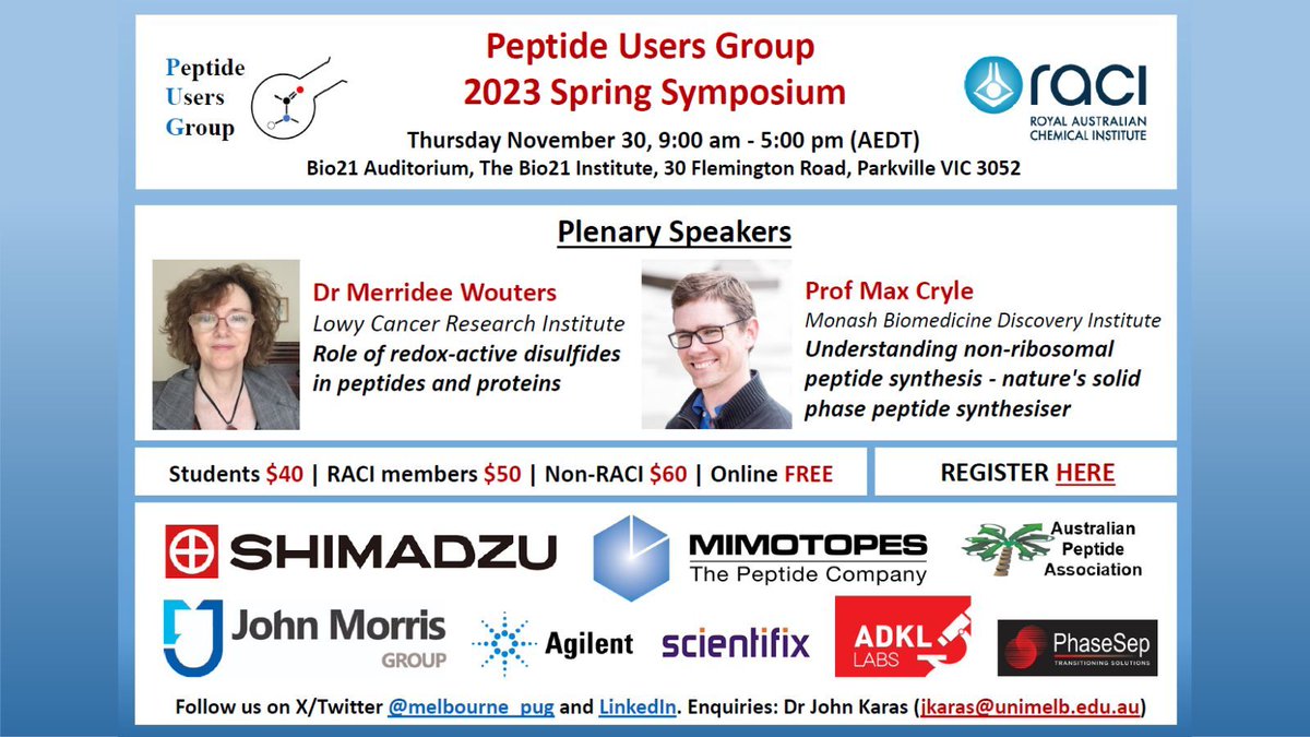 Mimotopes (@mimotopes) on Twitter photo Make sure you register for the Peptide User’s Group Spring Symposium ahead of the event on the 30th of November!
Register here: raci.org.au/RACI/Web/Event…
<a href="/melbourne_pug/">Peptide Users Group</a> Make sure you register for the Peptide User’s Group Spring Symposium ahead of the event on the 30th of November!
Register here: raci.org.au/RACI/Web/Event…
<a href="/melbourne_pug/">Peptide Users Group</a>