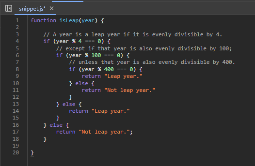 Day 19 of #100DaysOfCode. Attempted to write a JavaScript function checking if a year is a leap year or not. 

This was a lot more complicated than I thought it would be and I ended up watching the course solution. However the trying and failing taught me a lot. #KeepTrying