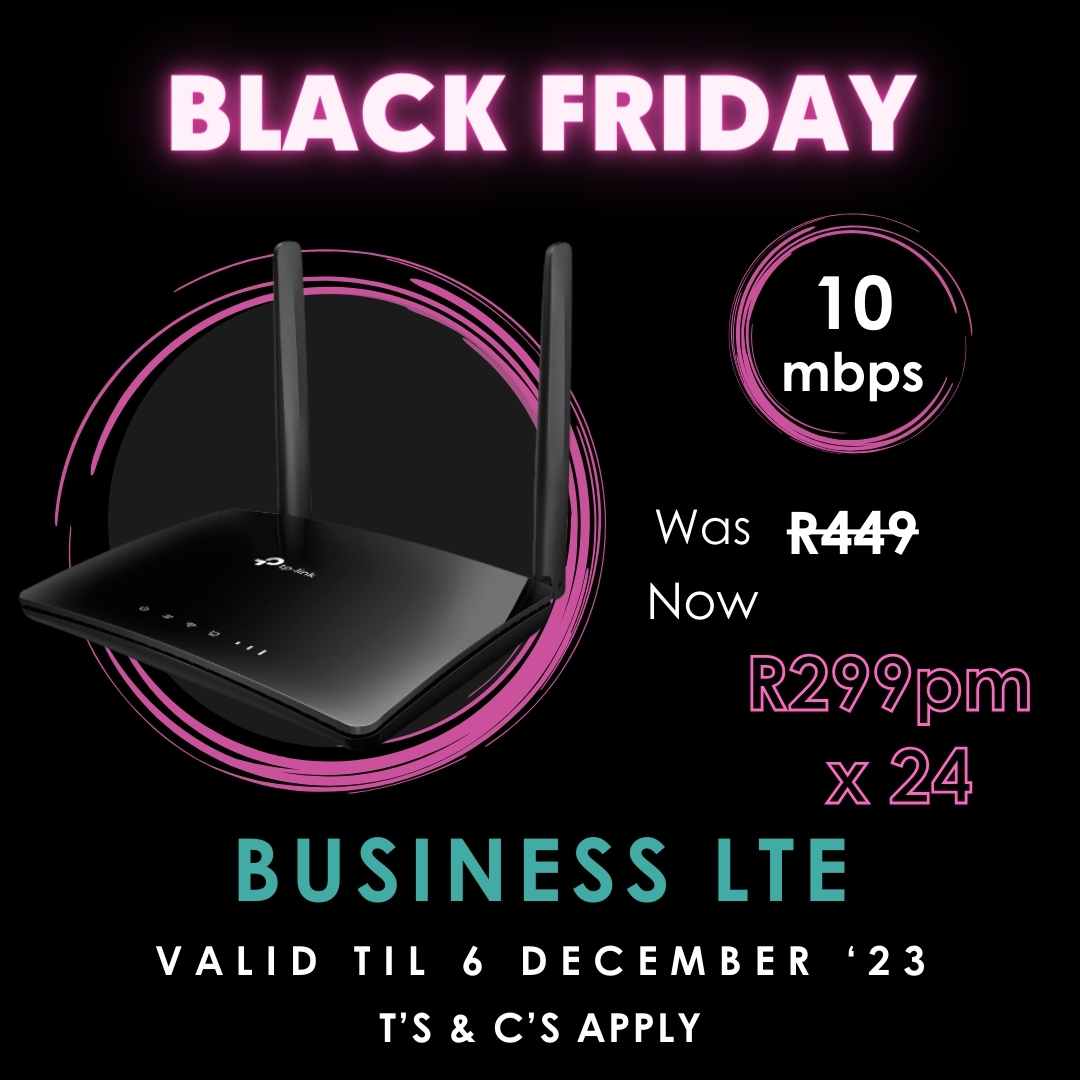 ConnectCoTech's tweet photo. #blackfriday for business is here! Get 10/30mbps #uncapped LTE made from R299pm. Fast, reliable and portable, fixed LTE is perfect for small businesses that need flexibility. Order today! 

Only til 6 Dec

#businessinternet #internet #connectivity #southafrica #deals #lte https://t.co/gR66MHwaRY