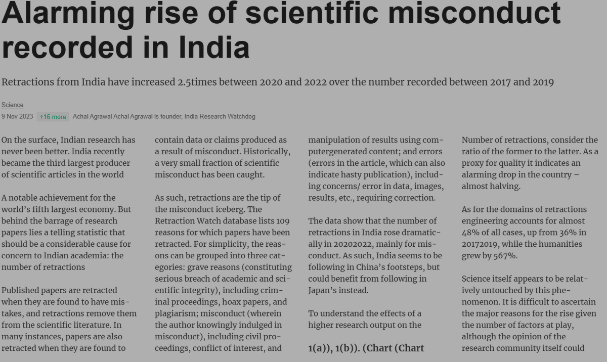 clot_117's tweet photo. Something that is worrying: Although India has become the third largest producer of scientific articles, the number of retractions has increased by around 2.5 times over the last two years. https://t.co/ahfZywHHWF