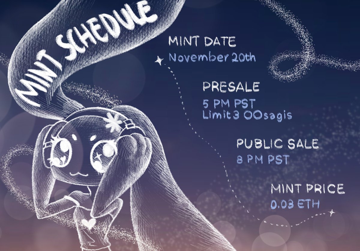 Mint is 6 days away! There will be two phases:

PHASE 1 PRESALE:
*Mintlist only*
November 20th, 5PM PST. Limit 3 OOsagi’s.

PHASE 2 GENERAL SALE:
November 20th, 8PM PST.

MINT PRICE: 0.03Ξ 

Mint will take place on oosagi.com. We can’t wait!