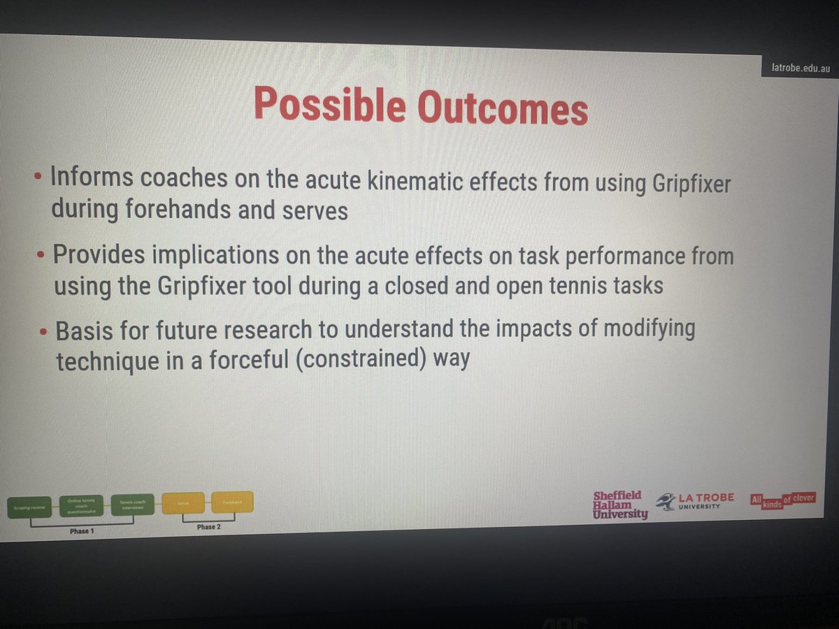 Nice PhD pre-submission presentation today by <a href="/NickBusuttil3/">Nicholas Busuttil</a> from <a href="/latrobe/">La Trobe University</a> on the use of physically constraining tools (GripFixer - a grip position training tool) for skill development during tennis forehands &amp; serves. Congrats Nick &amp; supervisory team 👏🏼🎾