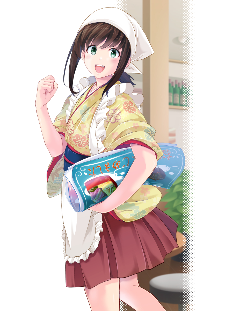 fubuki (kancolle) 1girl solo apron japanese clothes green eyes skirt kimono  illustration images