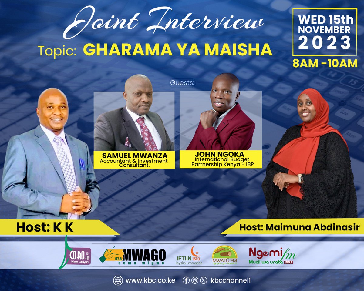 bajeti_hub's tweet image. #RadioInterviewAlert 🔔

Join @JohnNgoka1  alongside other panelists today at 8:00am -10:00am as they discuss about the cost of living. 

The conversation is a joint production that  will be aired on @fmcoro @mwatufm @NgemiFM @IftiinFm @mwago_fm