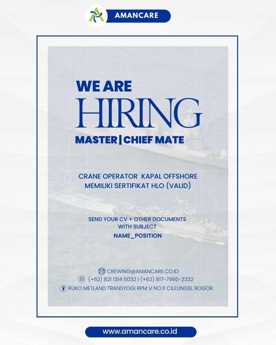 amancarecrew's tweet photo. We Are Hiring Master &amp; Chief Mate. If you have related experience to this position, send your CV to our email or whatsapp listed right now.

Come and join to our great team☺️✨

FAST | QUALITY SERVICES | PROFESSIONAL TEAM

#infoloker #lokerkapal #jobpelaut #master #chiefmate https://t.co/cvXUU4L6a1