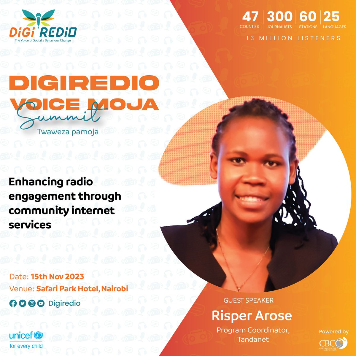 risper_arose's tweet photo. I will be speaking at the #DigiRedioVoiceMoja Summit today!  Joining discussions on holistic Social and Behavior Change programming through radio to empower communities. My session focuses on "Enhancing Radio Engagement through the Internet: Case of Community Internet Provision." https://t.co/8YQ7PhJxmb
