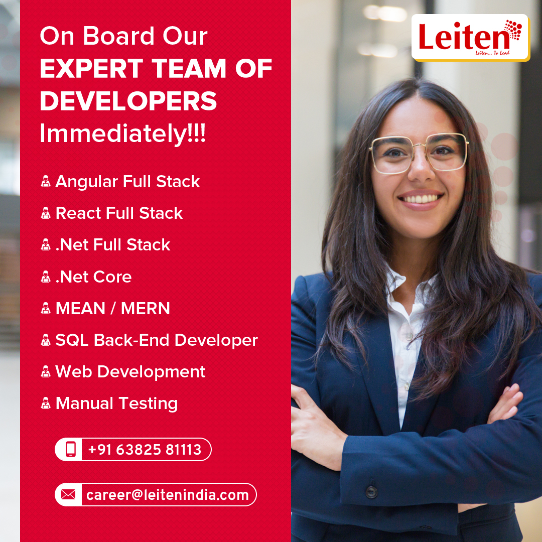 LeitenTech's tweet image. Our experienced IT resources readily available for your projects who can resolve the technical challenges with robust solutions. With proficiency in multiple technologies, your optimum will be reach through maximum.
#angular #angulardeveloper #angularfullstack #react #reactjs