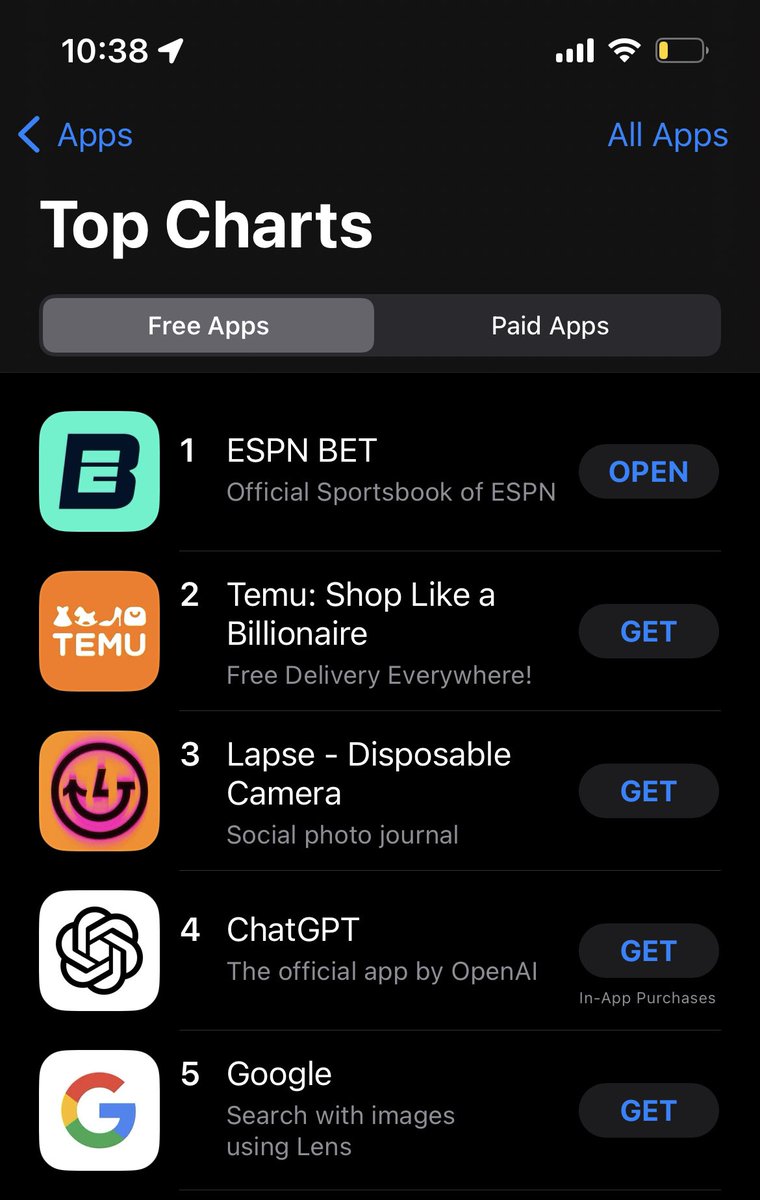 itsmikemags's tweet photo. I cannot explain how much joy it gives me to remove Temu from the #1 spot in the App Store. 

ESPN BET is the #1 app on Day 1. Here to serve sports fans and sports bettors. 

Thank you 🙏 

Again, only the start of the marathon… #Onward https://t.co/12hfgrYkWj
