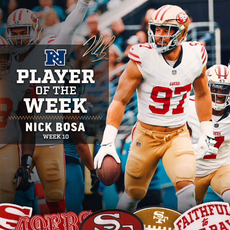 49ers's tweet photo. Florida man named NFC Defensive Player of the Week! 👏