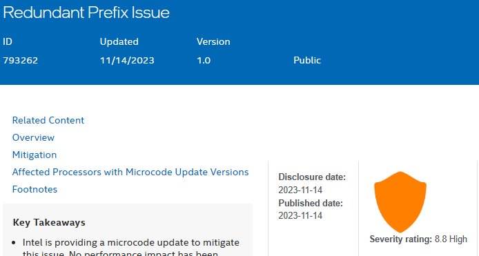 InstLatX64's tweet photo. #Intel refreshed the "Affected Processors: Guidance for Security Issues on Intel Processors" table with "Redundant Prefix Issue" (Severity rating: 8.8 High) vulnerability:
https://t.co/ZUjoV8MXzd
CVE-2023-23583
INTEL-SA-00950 https://t.co/3hcUxoErYz