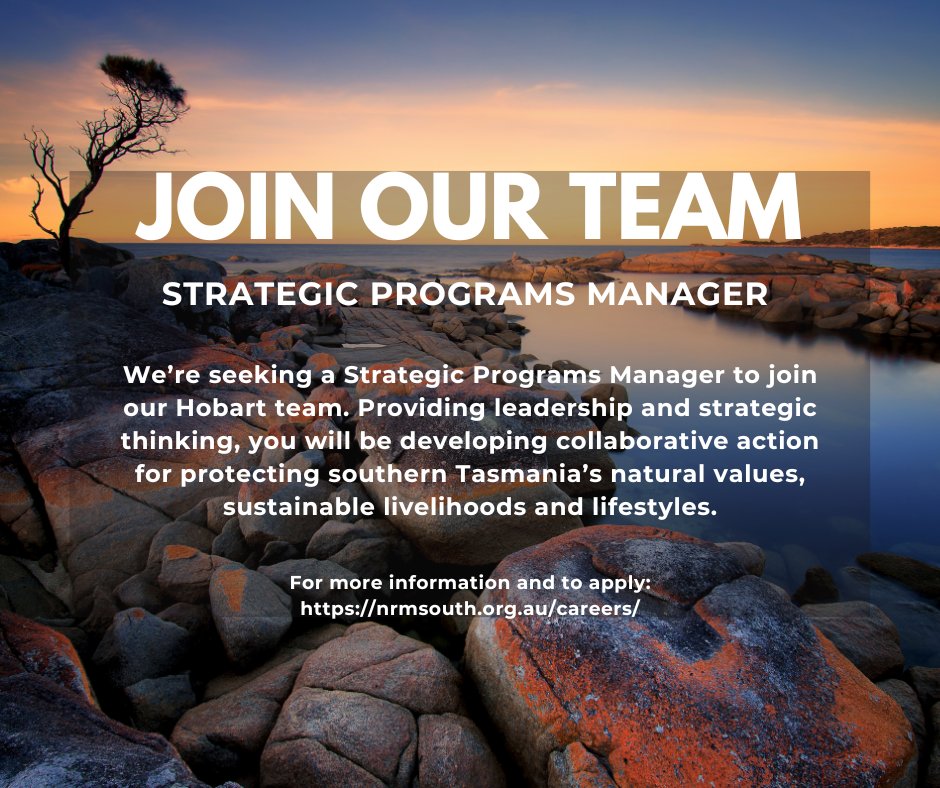 NRM SOUTH (@nrmsouth) on Twitter photo JOIN OUR TEAM!
We’re seeking a Strategic Programs Manager to join our Hobart team. Providing leadership & strategic thinking, you'll be developing collaborative action for protecting southern Tasmania’s natural values, sustainable livelihoods & lifestyles  nrmsouth.org.au/careers/ JOIN OUR TEAM!
We’re seeking a Strategic Programs Manager to join our Hobart team. Providing leadership & strategic thinking, you'll be developing collaborative action for protecting southern Tasmania’s natural values, sustainable livelihoods & lifestyles  nrmsouth.org.au/careers/