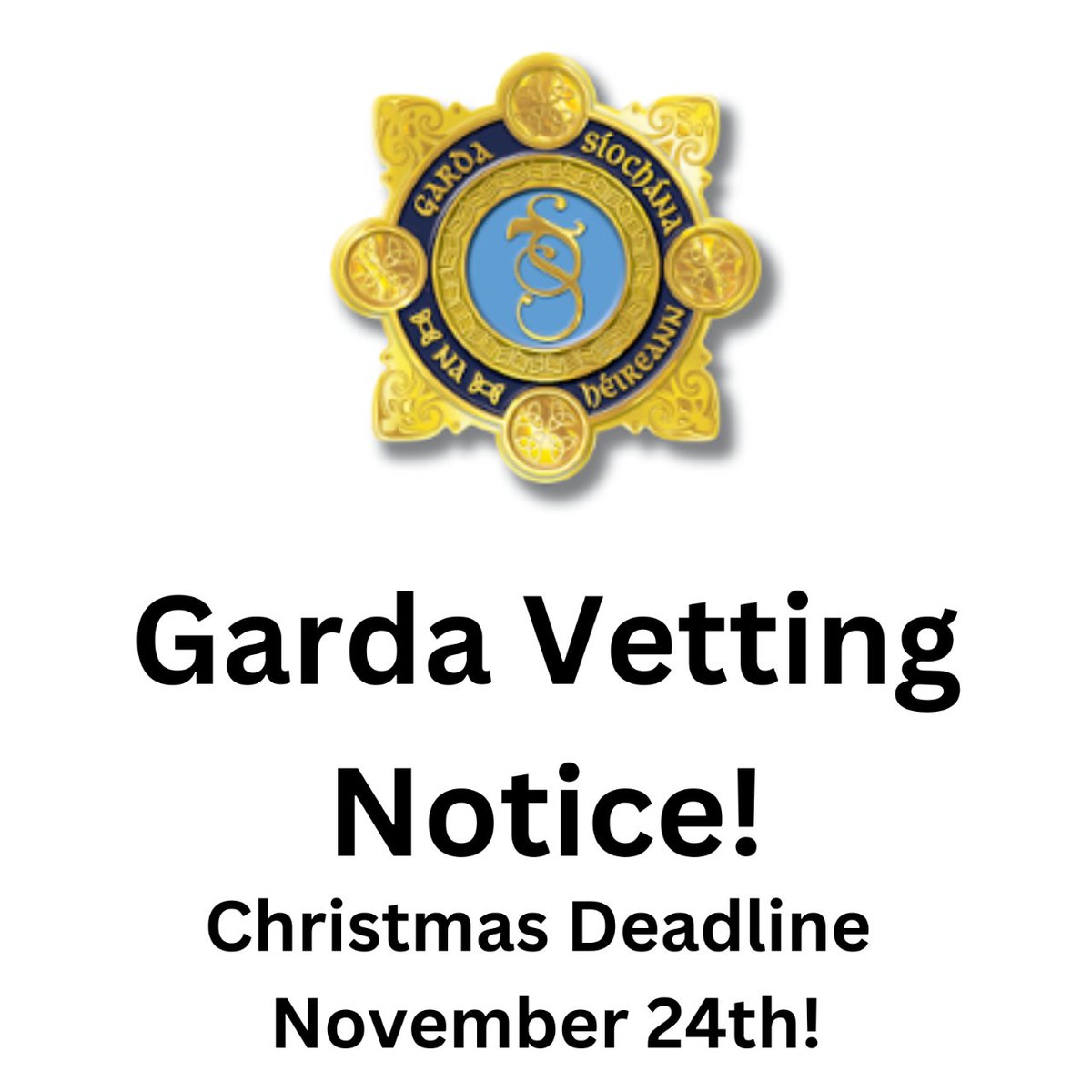 Christmas Deadline November 24th. The Garda Vetting Consortium will close for Christmas in a few weeks so if any Youth Theatres would like anyone vetted for December or January they have to get them in by next week to allow time for processing.
