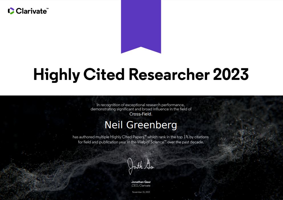 ProfNGreenberg's tweet photo. Delighted to have been told that I am a highly cited researcher by @Clarivate for this year. This most likely happened because I have such great academic colleagues! @kcmhr @EPR_HPRU @NHSCHECK1 https://t.co/5XERuaeWwx