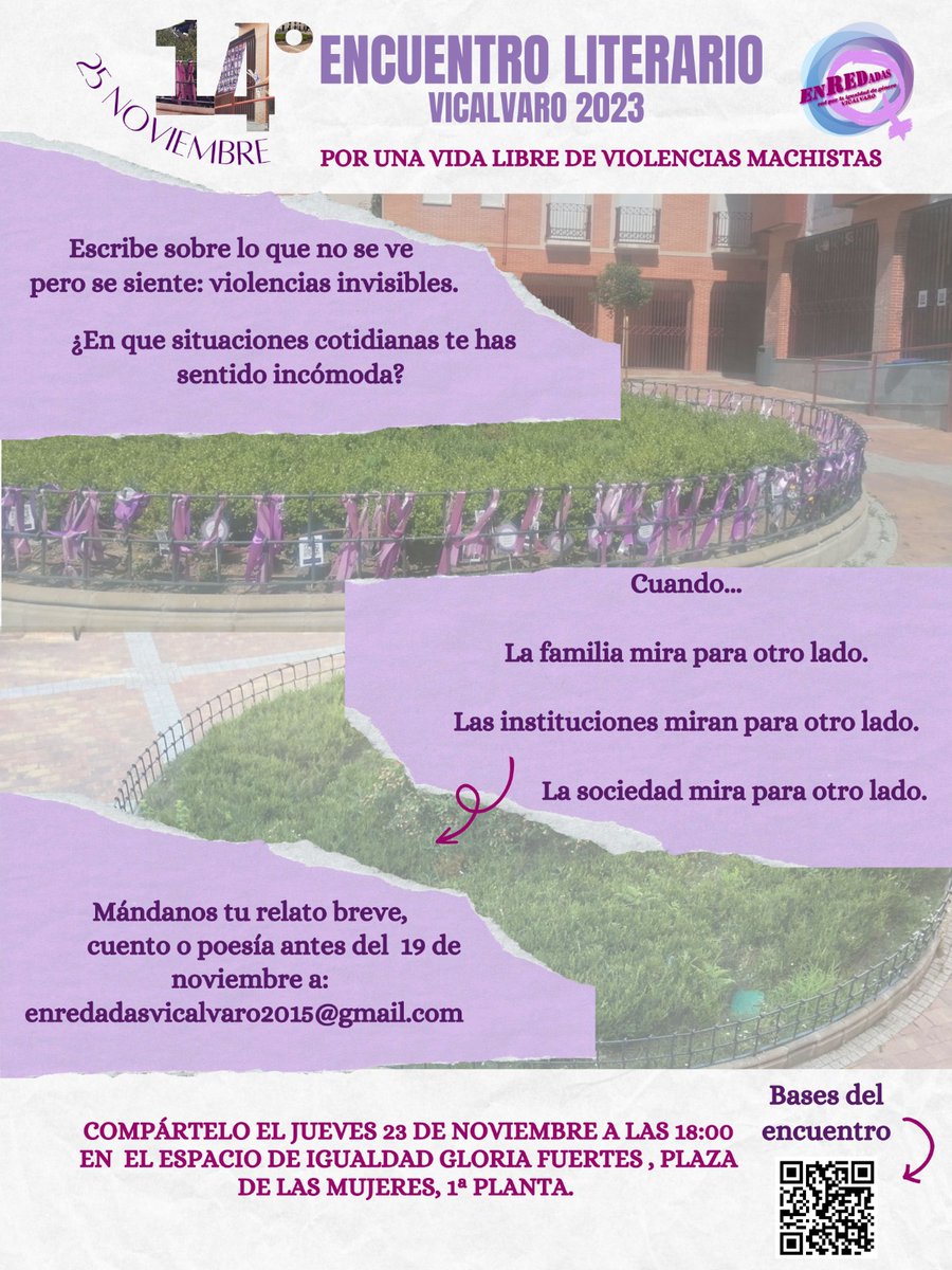 libreriajarcha's tweet photo. Manda tu relato breve, cuento o poesía a #EnRedadas Vicálvaro antes del 19 de noviembre y podrás compartirlo el jueves 23 de noviembre a las 18h en @GloriaFuertesEI
#14EncuentroLiterarioVicalvaro
#VicálvaroContraElMachismo 
#VivasNosQueremos
#NiUnaMenos   
#ElMachismoMata https://t.co/w7XrVIMq3E