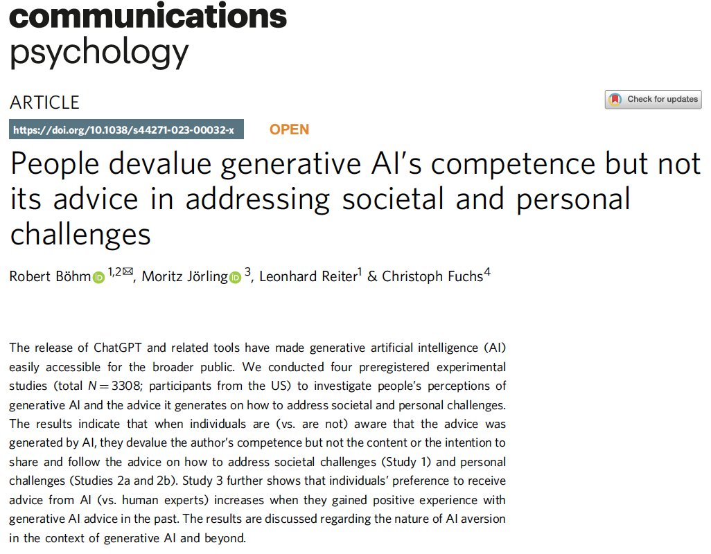 robert_bohm's tweet photo. 🚨 NEW PAPER 🚨 published in @CommsPsychol: "People devalue generative AI’s competence but not its advice in addressing societal and personal challenges" together with @m_joerling, @leonhard_reiter and Christoph Fuchs. https://t.co/1HDUiWt3d4 Short summary: 👇 (1/3) https://t.co/zxazvscCd6