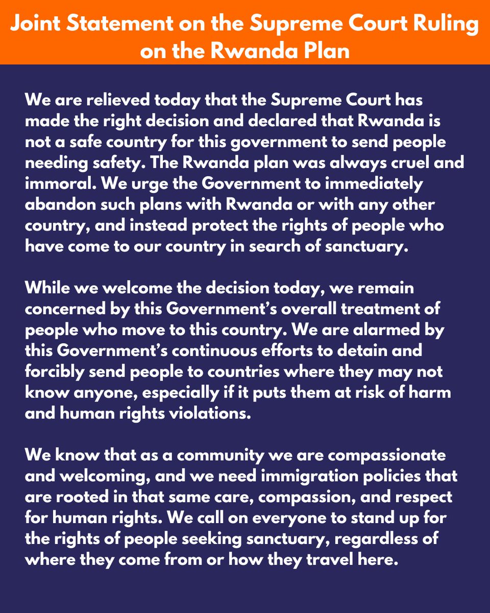 JCWI_UK's tweet image. 129 civil society organisations have come together to welcome the Supreme Court's decision on the Rwanda plan but we remain concerned by this government's treatment of people who move to this country. 

We call on everyone to stand up for the rights of people seeking sanctuary.