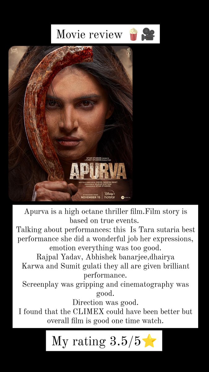 #TaraSutaria @nixbhat @nowitsabhi #DhairyaKarwa @rajpalofficial @StarStudios_ @MuradKhetani #BikramDuggal @Cine1Studios #AkankshaAshit #AnshumanMahaley @sumitgulati90 #AadityaGupta @ZeeMusicCompany #apurvamovie #MovieReview