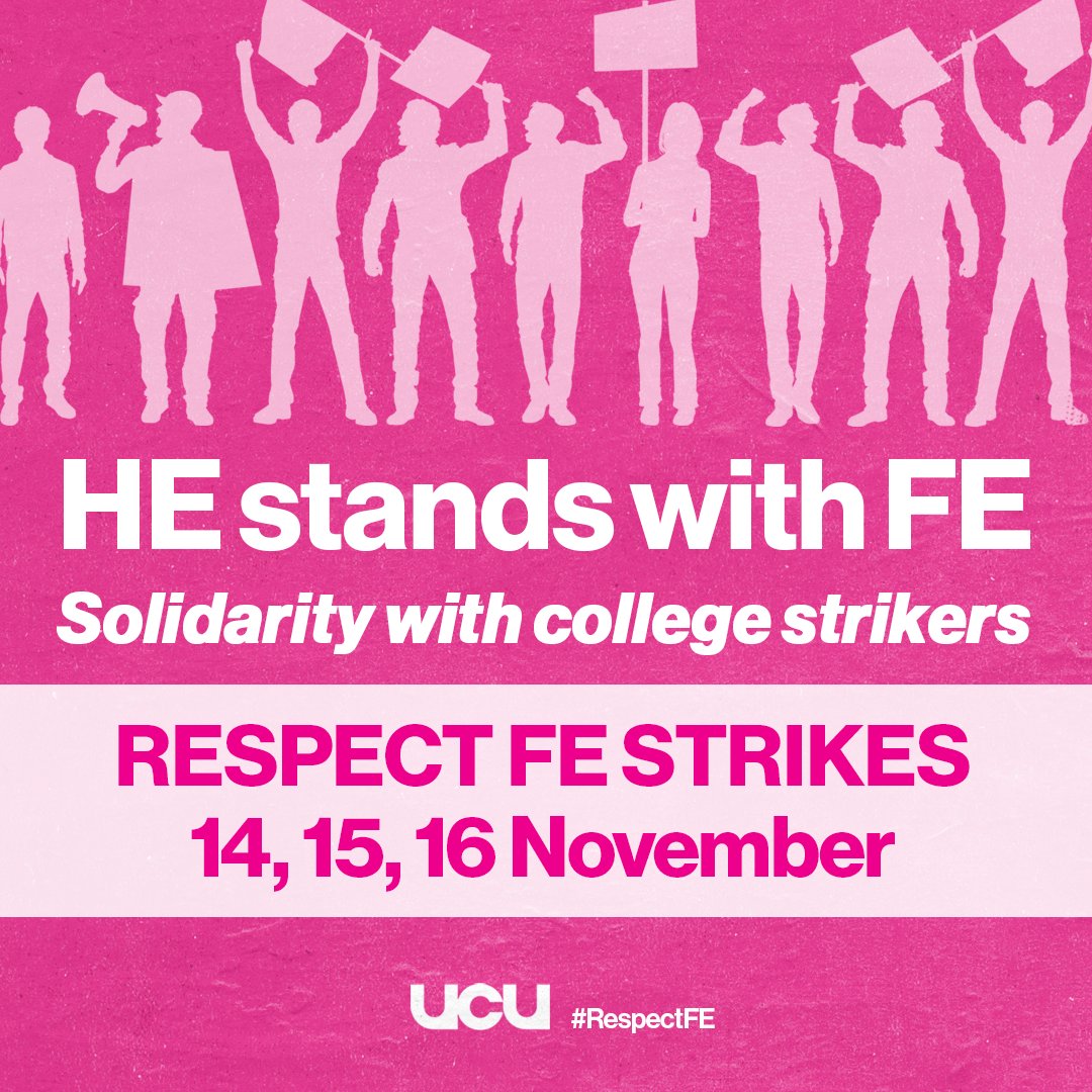 🚨UCU higher education members 🚨 Show your further education comrades some solidarity and share this message It's time for fair pay. It's time for action on workloads. It's time to #RespectFE