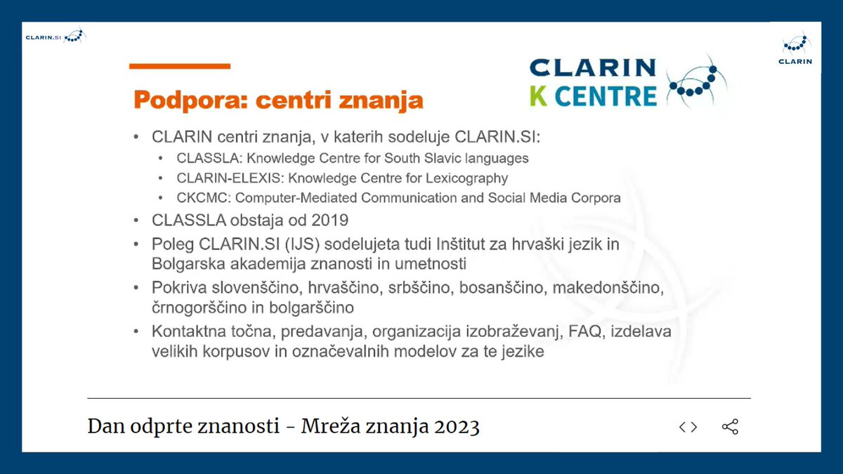 ClarinSlovenia's tweet image. Med stebre našega delovanja uvrščamo tudi centre znanja CLARIN ERIC. CLARIN.SI sodeluje kar v treh, v sklopu katerih ponujamo informacije in pomoč uporabnikom ter razvijamo jezikovne vire in tehnologije.
➡️Več informacij o centrih znanja: clarin.si/info/k-centres/