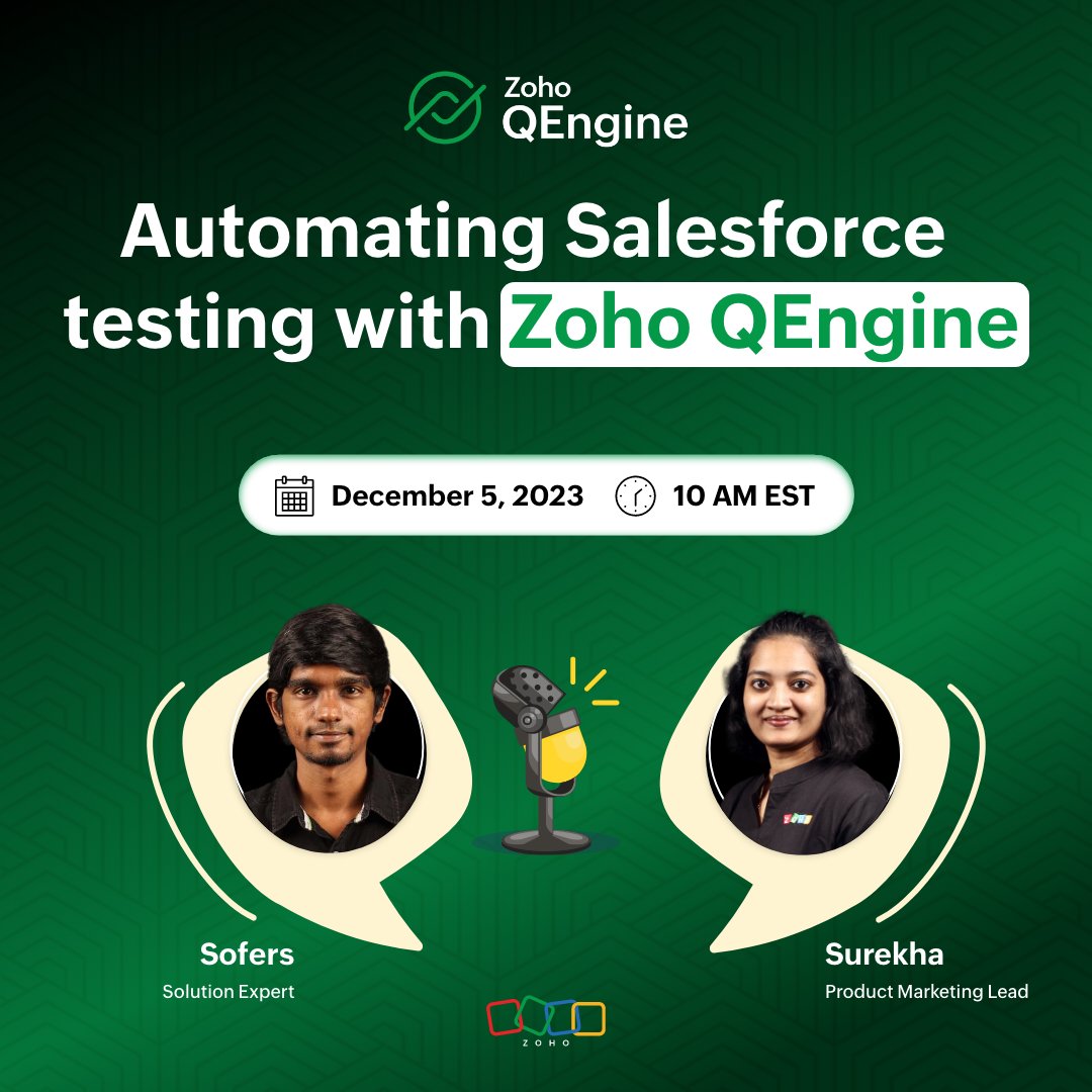 ZohoQEngine's tweet photo. Wondering how Zoho QEngine automates Salesforce testing?
Join this webinar for an introduction to Zoho QEngine and discover how QA teams can easily write, manage, and execute test cases for Salesforce.
Register now: 🔗 https://t.co/p7hN8z0rBv
#TestAutomation #Zoho #ZohoQEngine https://t.co/nJH9MN5V4J