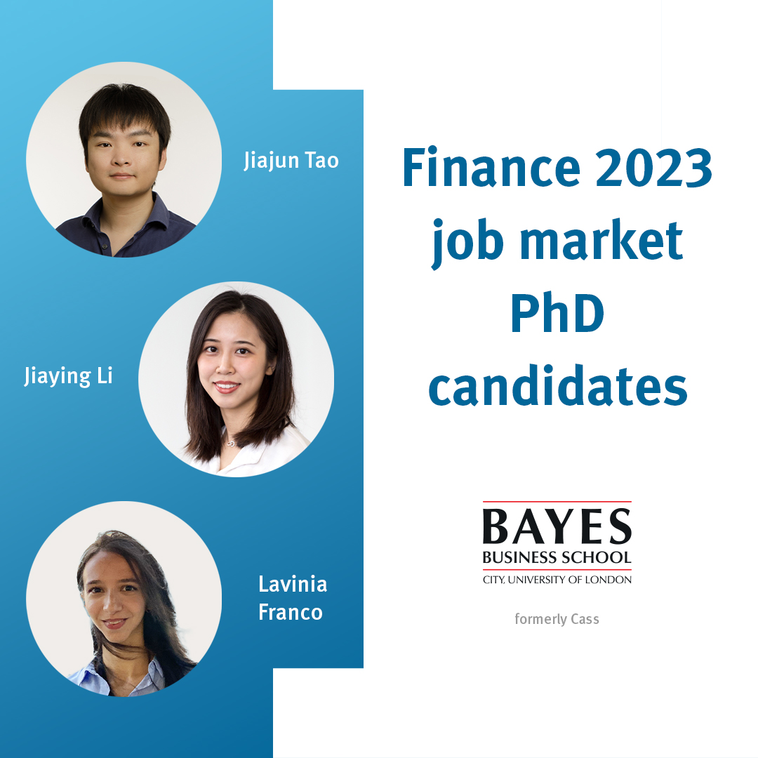 We are pleased to announce our 2023 Finance PhD job market candidates🥳. 
Stay tuned for introductions. Find out more about our candidates and their papers here: ow.ly/POCR50Q7nkR <a href="/Jiaying_Li_/">Jiaying Li</a>  <a href="/JiajunTao1994/">Jiajun Tao</a> <a href="/Lavinia_Franco_/">Lavinia Franco</a> 
#BayesPhD #Finance #EconJobMarket