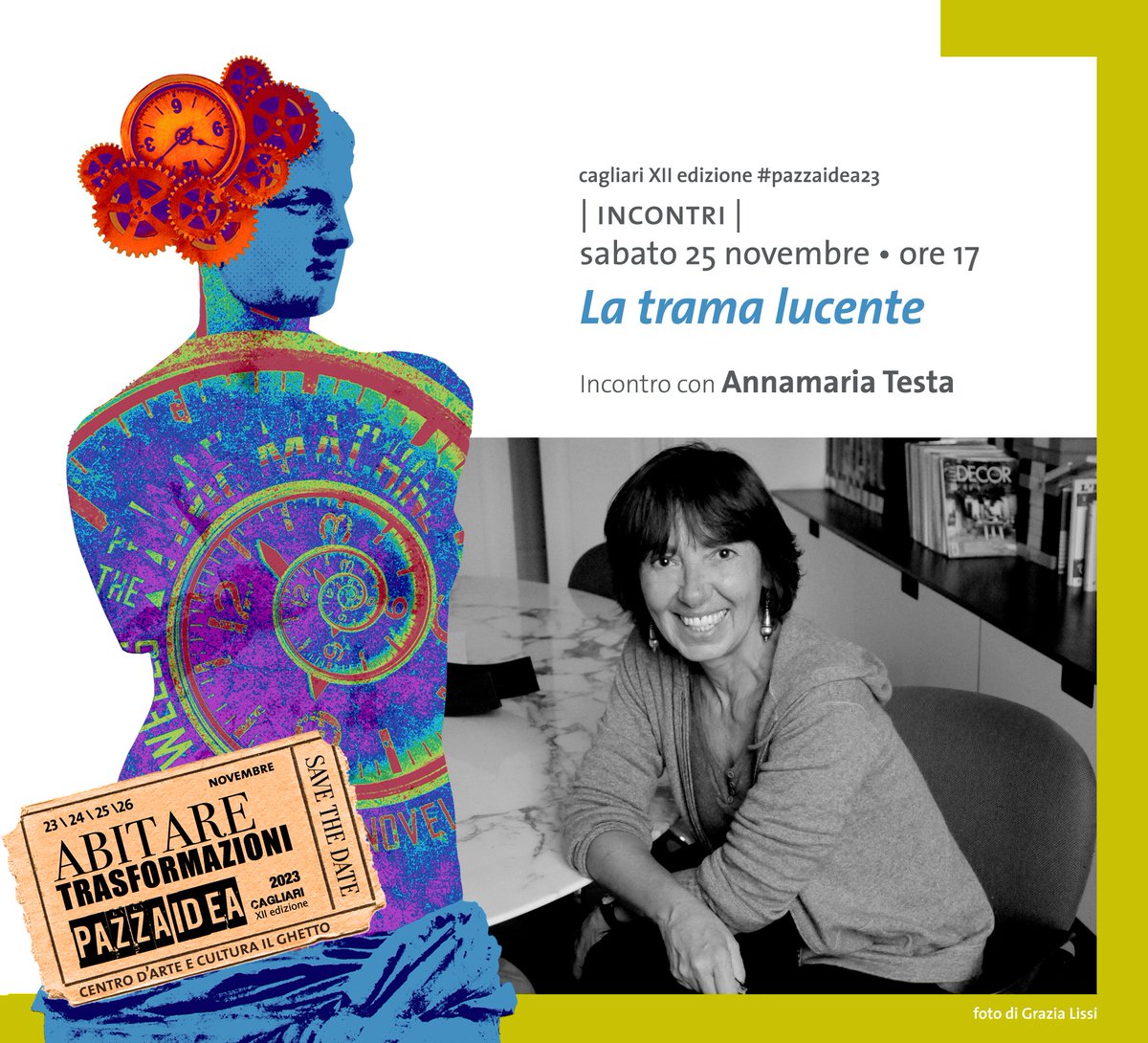 PazzaIdea_Fest's tweet photo. L' iconica Annamaria Testa sarà a #pazzaidea23 il 25 novembre alle 17, al Ghetto di Cagliari. Un incontro imprescindibile sul tema della creatività in ogni sua sfumatura
#Latramalucente #annamariatesta https://t.co/hFqAXCJvVU