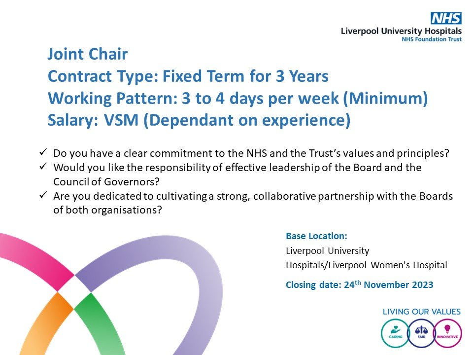 LUHFT Careers (@luhftcareers) on Twitter photo We have an exciting opportunity for a visionary, experienced leader to join our Trust 🏥
✅ If this is the role for you, please send a copy of your CV and a covering letter to daniel.scheffer@liverpoolft.nhs.uk
#TEAMLUHFT #CHAIR #DIRECTOR #JOINTCHAIR #LWH #HIRING #JOBS #LEADER We have an exciting opportunity for a visionary, experienced leader to join our Trust 🏥
✅ If this is the role for you, please send a copy of your CV and a covering letter to daniel.scheffer@liverpoolft.nhs.uk
#TEAMLUHFT #CHAIR #DIRECTOR #JOINTCHAIR #LWH #HIRING #JOBS #LEADER
