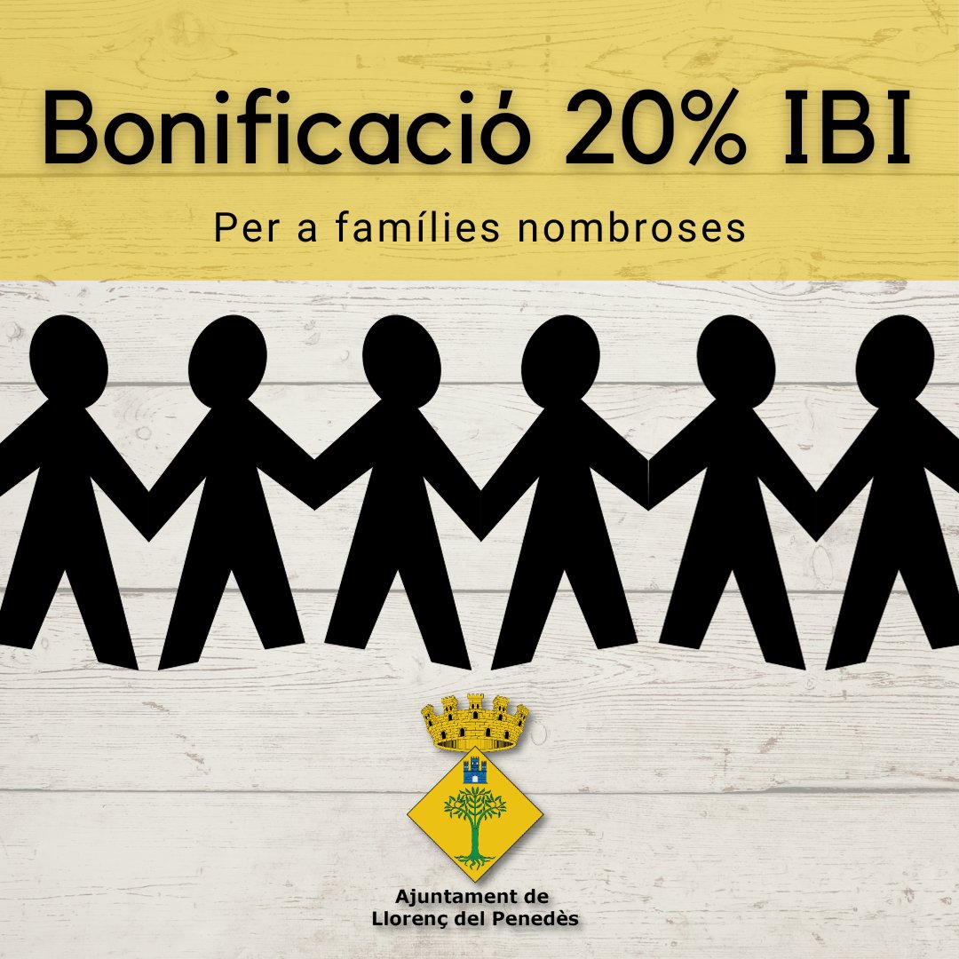 Les famílies nombroses que ho sol·licitin i que compleixin els requisits, tindran dret a una bonificació del 20% de l’IBI 2024.

Per poder-vos acollir a aquesta bonificació, cal que us adreceu a les oficines municipals –Rambla Marinada, 27- abans del 31/12.
#AjuntamentLlorenç