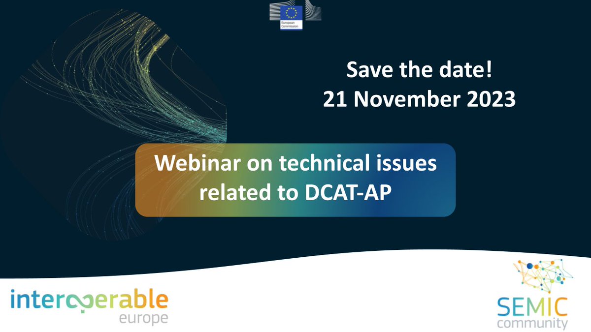 InteroperableEU's tweet image. On 21/11, the #SEMIC Supporting center organises the second webinar on #DCAT_AP. The focus of this webinar is to tackle all technical issues related to DCAT-AP.

Find out more:
👉europa.eu/!Dfj9by

#DCATAP
