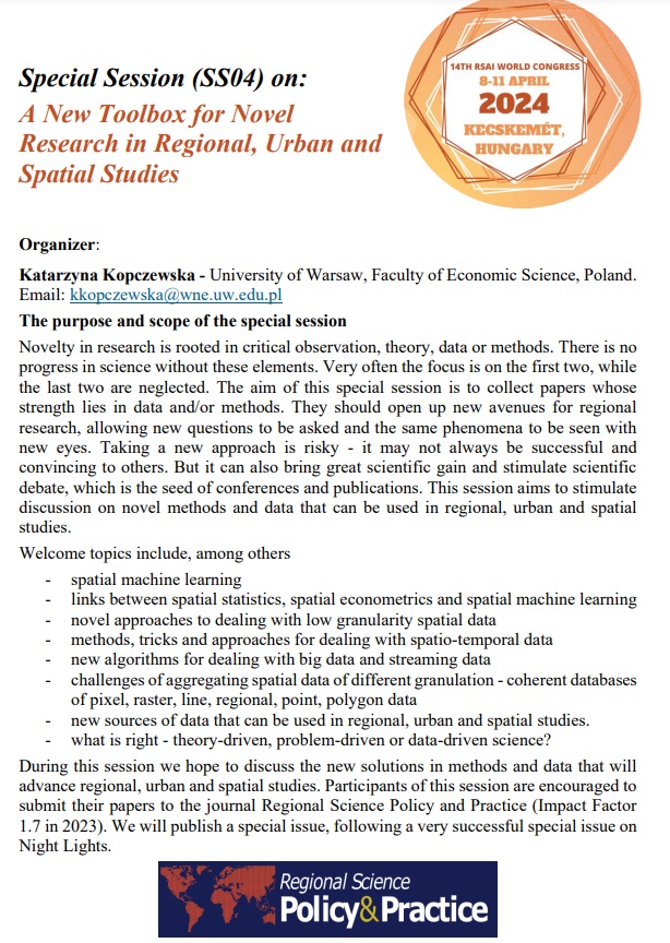 Submit until 30.11.23 paper for the RSAI congress (8-11 April 2024) in Kecskemét, Hungary - go for a special session on Novel Methods in Regional, Urban and Spatial studies. It will be followed up with Special Issue in the RSPP journal (IF=1.7)
regionalscience.org/2024RSAIcongre…