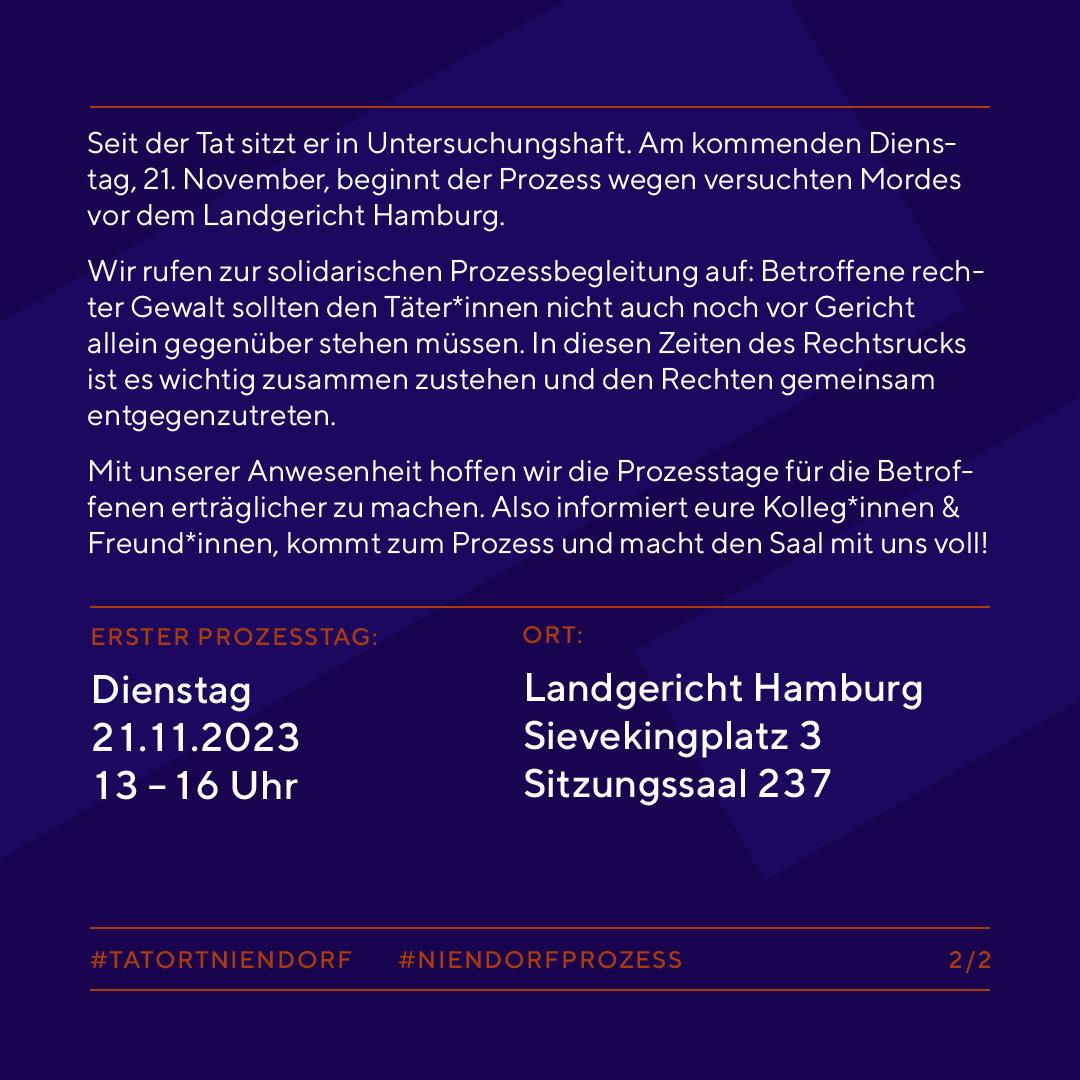 Solidarität mit den Betroffenen des rechten, rassistischen Mordversuchs #TatortNiendorf

Am Dienstag, 21.11. beginnt der #NiendorfProzess gegen Ulf M., der im Mai durch die Wohnungstür auf eine Nachbarin schoss.

Teilt den Aufruf zu Prozessbegleitung und kommt zum Prozess!
