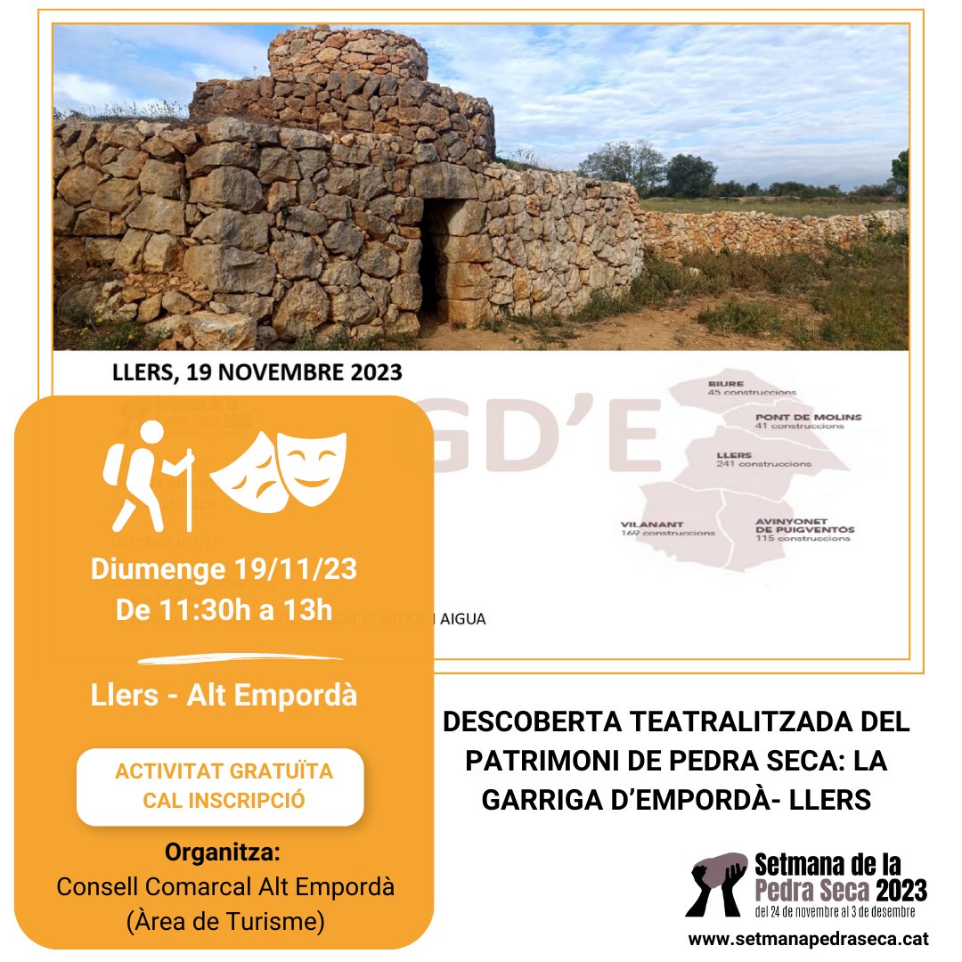 📢🟠 DESCOBERTA
🚶🎭Descoberta teatralitzada del patrimoni de pedra seca: La Garriga d'Empordà - Llers

🗓19/11/23
⏰11:30h
📍#Llers
📌Organitza: <a href="/CCAltEmporda/">Consell Comarcal de l'Alt Empordà</a> (Àrea de Turisme)
🔍Més info 👉setmanapedraseca.cat/activitats/age…

#SetmanaPedraSeca23 #PedraSeca