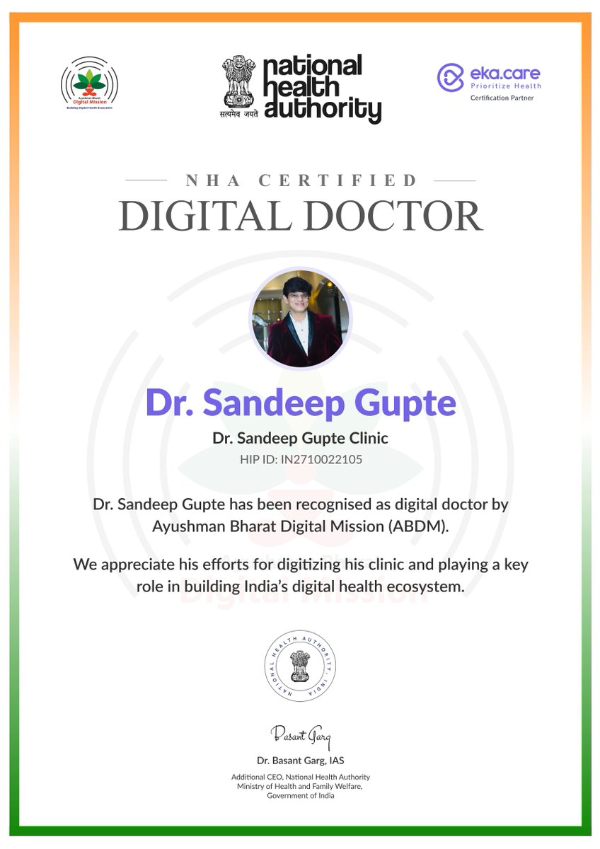 ekacareHQ's tweet photo. Congratulations Dr. Sandeep Gupte on receiving the certificate of recognition from #NHA for becoming an #ABDM-compliant clinic and contributing to the digitization of Indian healthcare.
#EkaDoctors #EkaCare https://t.co/NF1f77WDYS