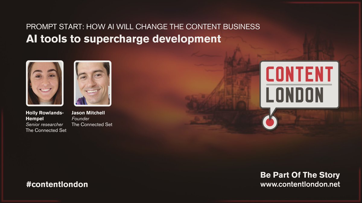 In 2 weeks we will be presenting an exciting and practical session at #ContentLondon called: “AI tools to supercharge development”.

It's on Tue 28th November from 3:00-3:30pm at Hall 1, Kings Place. 

We hope to see you there! 🙏 

#content #tv