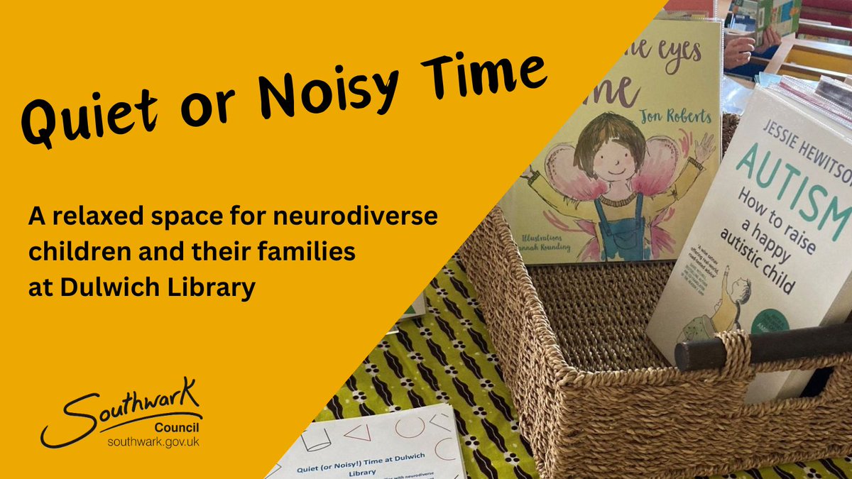 SouthwarkLibs's tweet photo. Quiet or Noisy Time is a tailored sensory space for families with neurodiverse children
This includes children with Autistic Spectrum Disorder, ADHD, and anyone with SEND who would benefit
Join us at #DulwichLibrary 2pm to 3.30pm on
Saturday 18th November
Saturday 16th December https://t.co/uLTQJoSnzl
