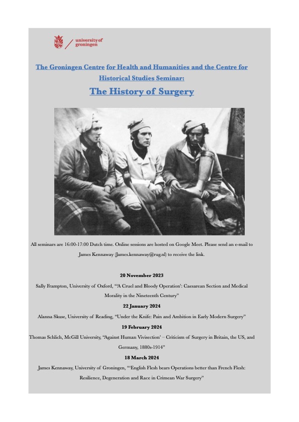 Our new seminar series is on The #History of #surgery 20 Nov at 16.00 CET join us to hear @DrSallyFrampton, Oxford talking about “‘A Cruel and Bloody Operation’: Caesarean Section and Medical Morality in the Nineteenth Century' Zoom link via @jgkennaway #hismed #healthhumanities