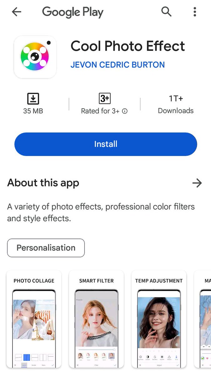 SecneurX's tweet photo. We detected more #Malicious #Joker #apps on
@GooglePlay @GooglePlayBiz

Joker on Google play
With 1,000+downloads
https://t.co/I4J1lgIruq
App Name - Cool Photo Effect

#Trojan #Malware #Joker #playstore  #cybersecurity #ThreatHunting #infosec #Android https://t.co/VBZeOlsRGh