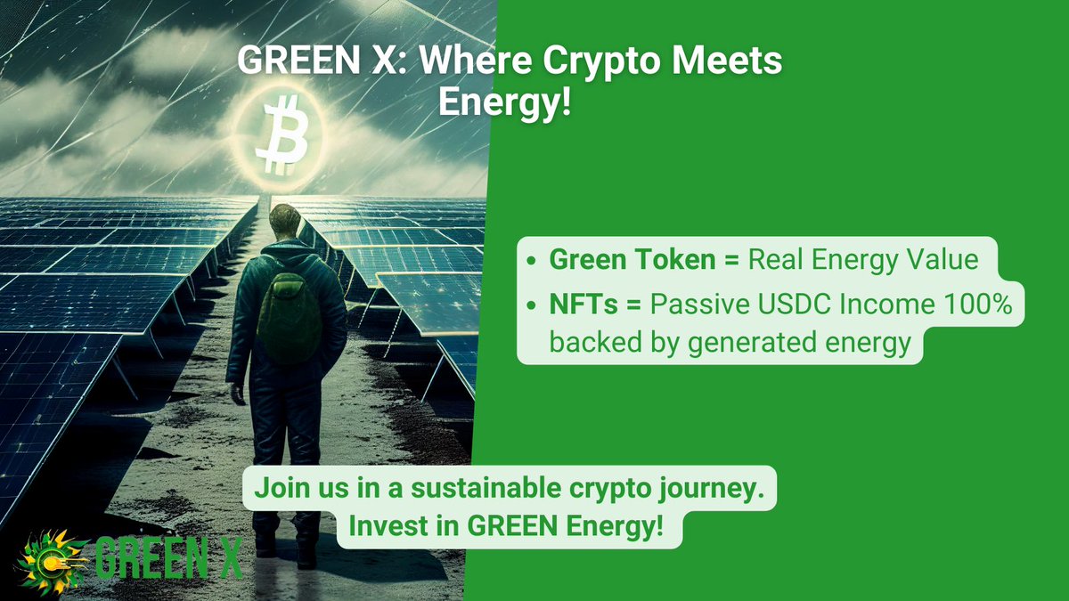 greenxtech1's tweet photo. Invest in GREEN Energy, and earn passive income, 100% backed by real world asset.
Get your GREEN tokens, to qualify for winning a NFT, and start earning passive income.
PreSale Page : https://t.co/RZuc9fUH1M
Discord server : https://t.co/HsMTgw6BPO
#GreenEnergy #greenx #NFTs #RWA https://t.co/P3tCrTK5tX