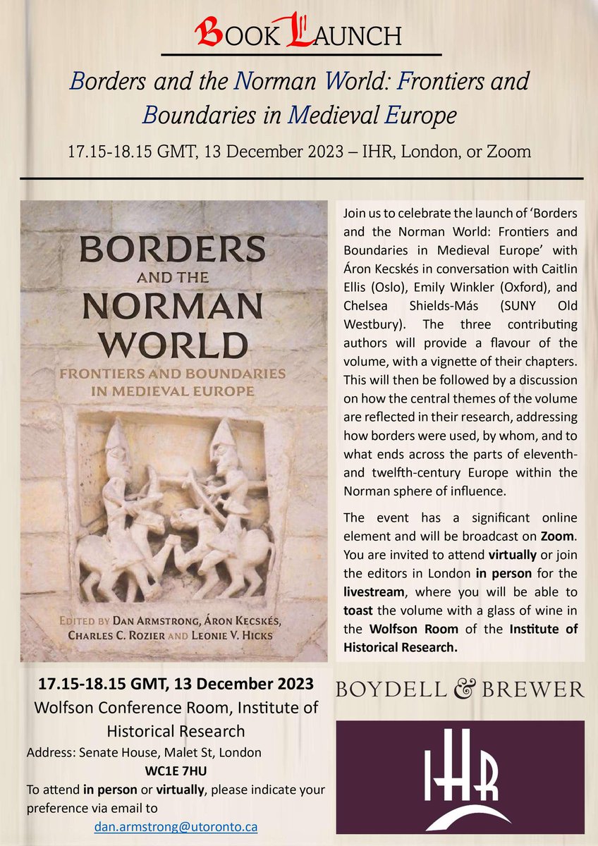 Members may be interested in an exciting @boydellbrewer book launch, with work from @historydan1066 @LeonieVHicks and @RozierHistorian and discussion from @meDIVAlist @DrCShieldsMas and Haskins stalwart, Emily. The event can be attended online, or in-person at the IHR, London.