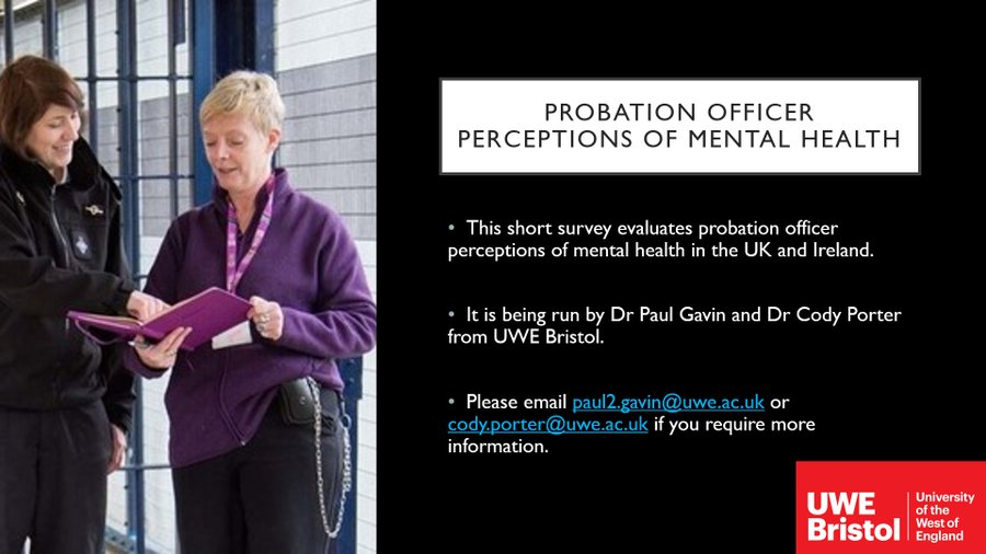 Thank you all who have participated, shared, liked and retweeted about our study into the #mentalhealth of #probation officers. We want to reach as wide an audience as possible so if you work in probation in the UK or Ireland please take part: uwe.eu.qualtrics.com/jfe/form/SV_6z…