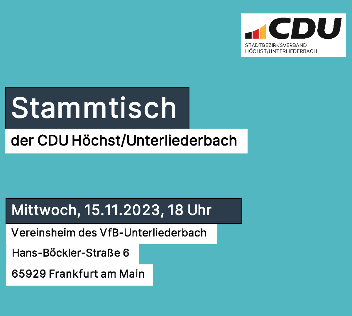 cdu_hoechst_ulb's tweet photo. Heute: CDU-Stammtisch beim VfB-Unterliederbach. Wenn es die Zeit aufgrund der Koalitionsverhandlungen zulässt, kommt unser frisch wiedergewählter Landtagsabgeordneter Uwe Serke mit hinzu.

#cdufrankfurt #unterliederbach #Frankfurt #cduffm https://t.co/kvk9XYJQSm
