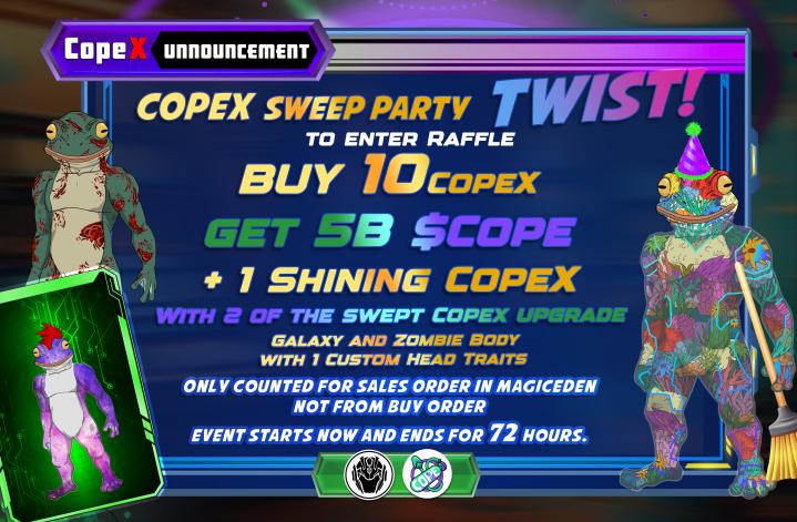 Get ready fam because our sweep contests just keep getting bigger and bigger 🧹 This time, winners will not only receive CopeX NFTs and $Cope, but also be amongst the FIRST to acquire and equip some traits and accessories on their NFTs 🔥