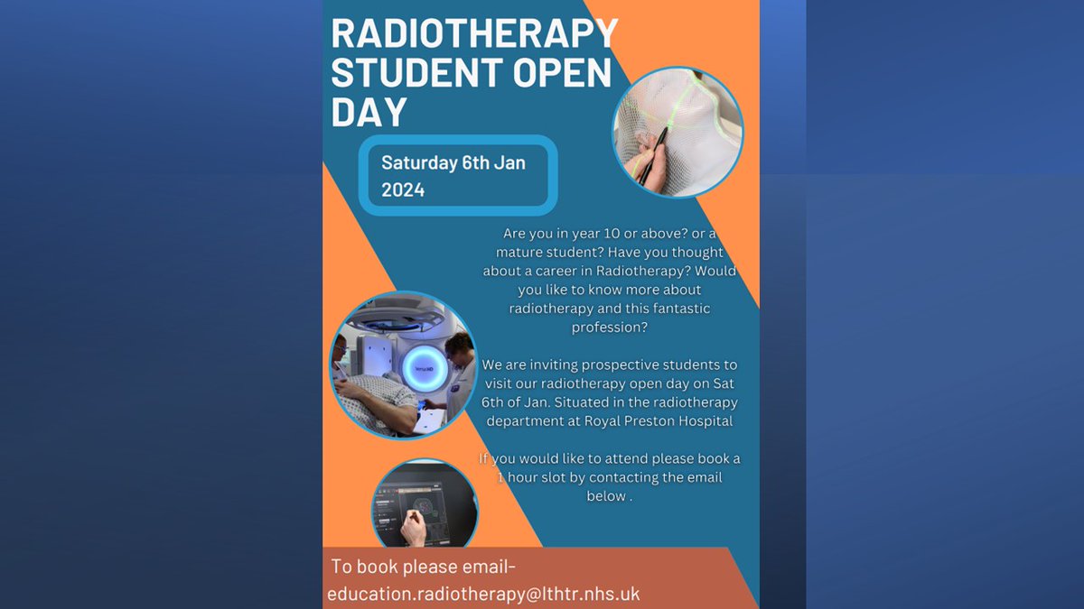 LSC_ICB_AHPWorkforceteam (@lsc_icb_ahps) on Twitter photo Are you thinking about a career in Radiotherapy? Come and find out more at an open day at Royal Preston Hospital on the 6th January 2024. To book your place email education.radiotherapy@lthtr.nhs.uk #radiotheraoy #Students #careers Are you thinking about a career in Radiotherapy? Come and find out more at an open day at Royal Preston Hospital on the 6th January 2024. To book your place email education.radiotherapy@lthtr.nhs.uk #radiotheraoy #Students #careers