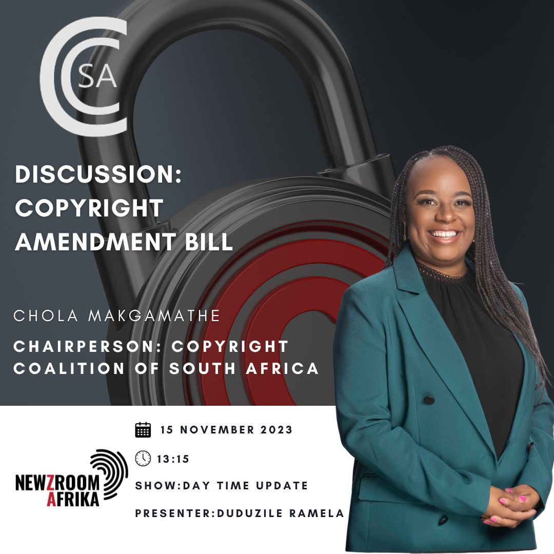 SAMROMusic's tweet photo. Join us this afternoon for an engaging discussion with Chola Makgamathe, Chairperson of the @CCSA_Official, as she explores the details of the Copyright Amendment Bill with Duduzile Ramela on Newzroom Afrika. Don't miss out on this informative discussion. https://t.co/V8uVuxRogv
