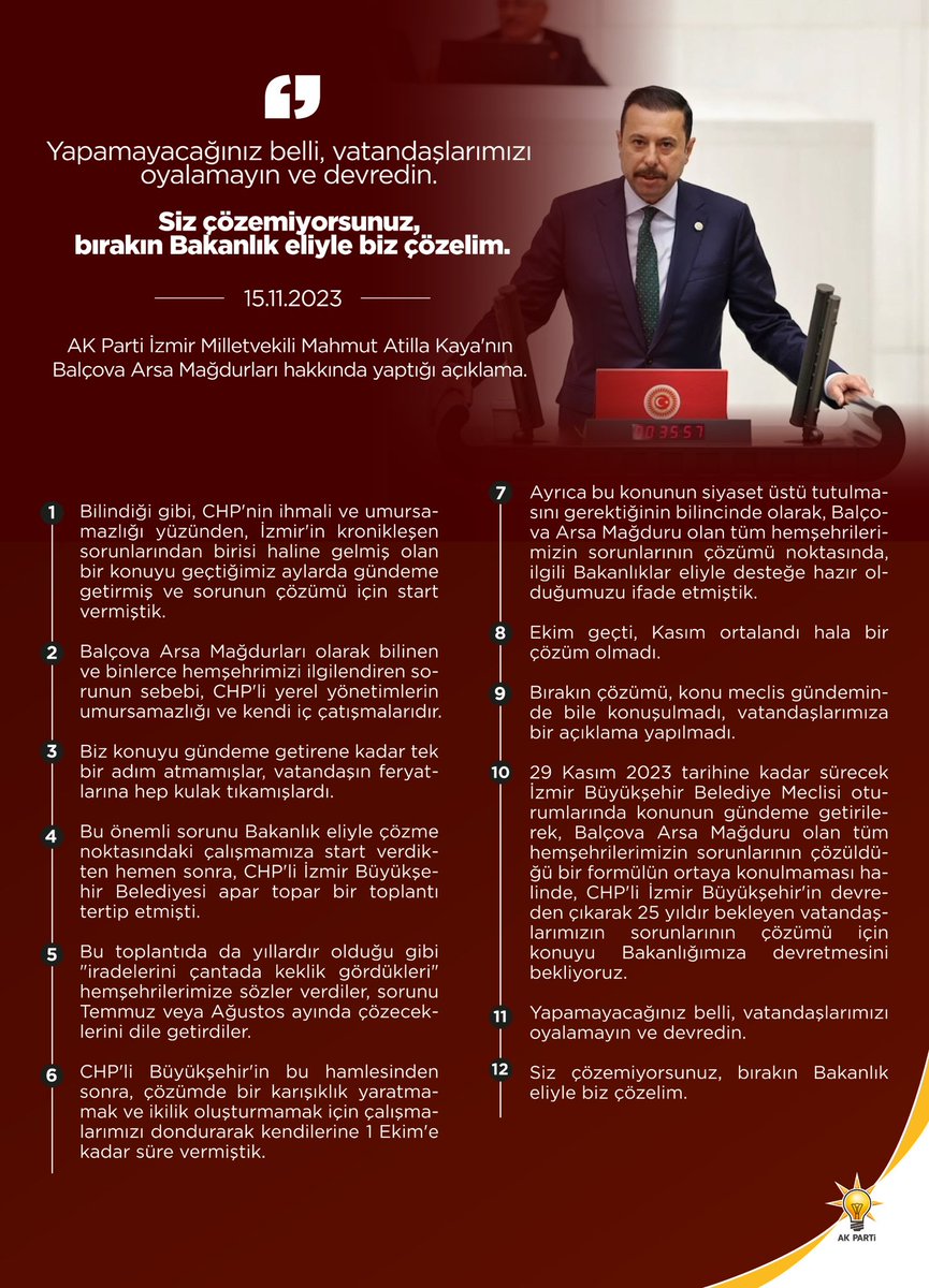 Balçova Arsa Mağduru hemşehrilerimizin sorunlarının çözümü için söz verdiniz.

29 Kasım 2023'e kadar sürecek İzmir Büyükşehir Belediye Meclisi oturumlarında konuyu gündeme getirerek sorunu çözün.

Çözemeyecekseniz de vatandaşlarımızı oyalamayın, Bakanlığa devredin biz çözelim!